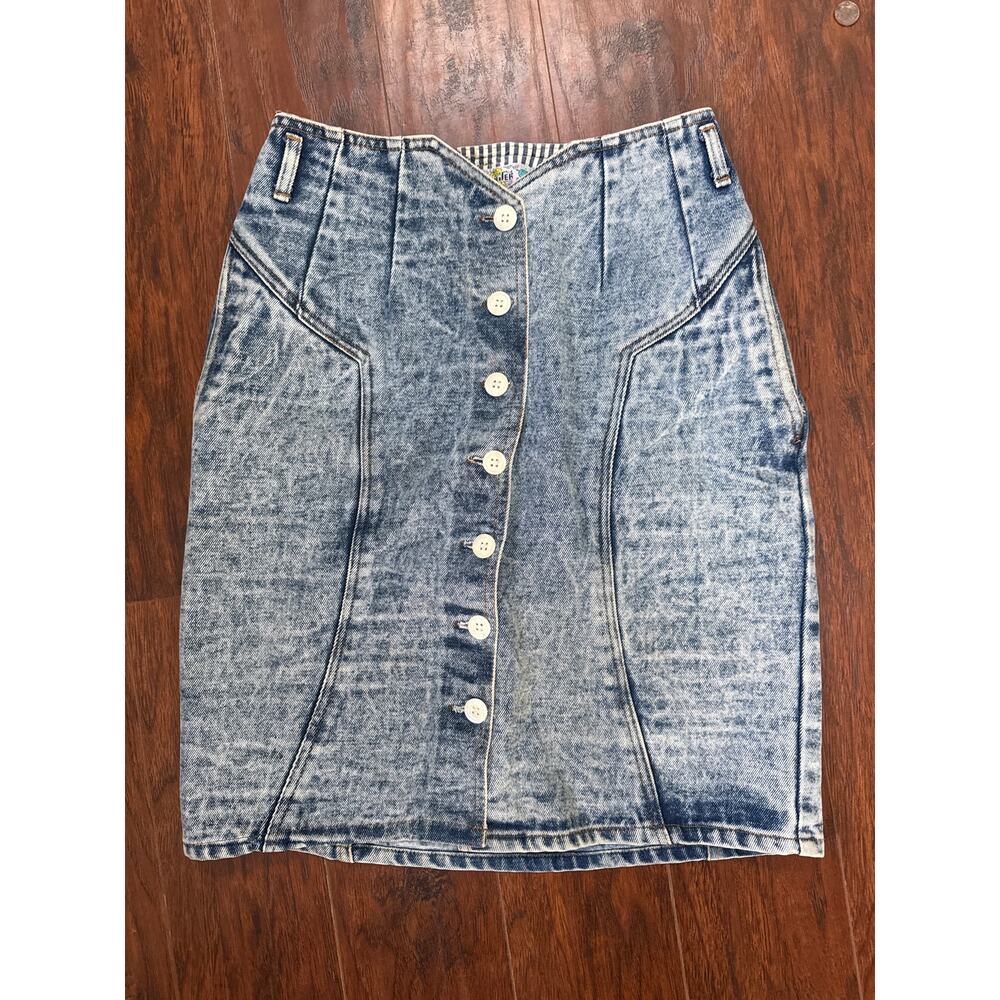 Vintage Runn Jean Jer Denim Pencil Skirt Womens 9/10 Button Up Back Acid Wash